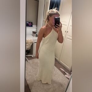 Women's Cream Halter Ribbed Knit Maxi Dress